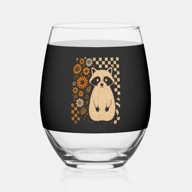 Retro Chequered Halloween Racoon Stemless Wine Glass (Front)