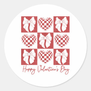Retro Chequered Heart Coquette Bow Happy Valentine Classic Round Sticker