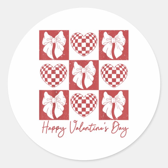 Retro Chequered Heart Coquette Bow Happy Valentine Classic Round Sticker (Front)
