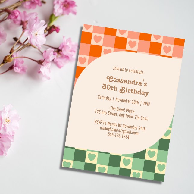 Retro Chequered Heart Green Orange Birthday Invitation (Creator Uploaded)