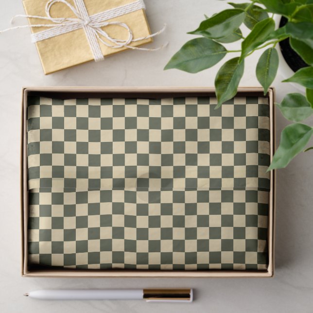 Retro Chequered in Olive Green and Cream Tissue Pa Paper (Gift)