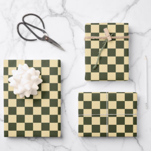 Retro Chequered in Olive Green and Cream Wrapping Paper Sheet