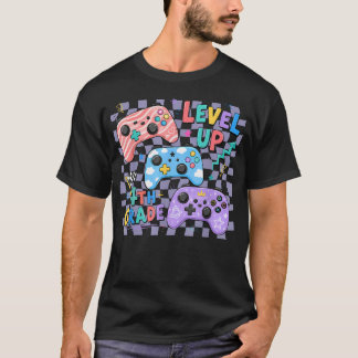 Retro Chequered Level Up 4Th Grade Gamer Back To T-Shirt