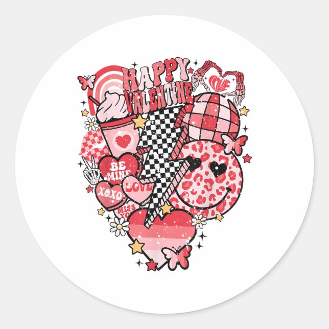 Retro Chequered Lightning Bolt Happy Valentine Wom Classic Round Sticker (Front)