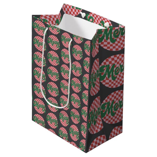 Retro Chequered Merry Christmas  Medium Gift Bag (Front Angled)