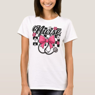 Retro Chequered Nurse Black and Pink Coquette Bow T-Shirt