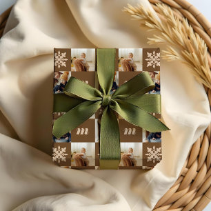 Retro Chequered Pattern Custom Photo Monogram Wrapping Paper