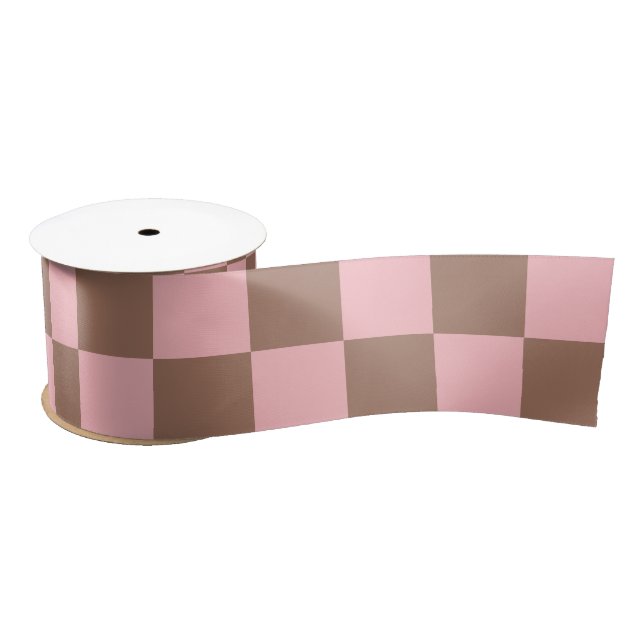 Retro Chequered Pattern Pink and Mocha Brown  Satin Ribbon (Spool)