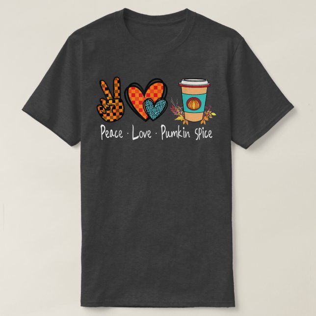Retro Chequered Peace Love Pumpkin Spice Fall Seas T-Shirt (Design Front)