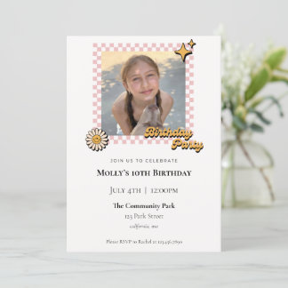 Retro Chequered Photo Birthday Invitation