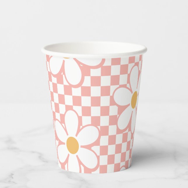Retro Chequered Pink Daisy birthday Paper Cups (Back)