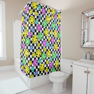 Retro Chequered Smiling Faces Shower Curtain