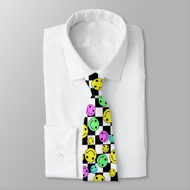 Retro Chequered Smiling Faces Tie (Tied)