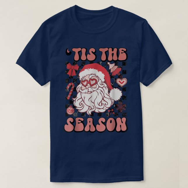 Retro Chequered Tis The Season Santa Claus Christm T-Shirt (Design Front)