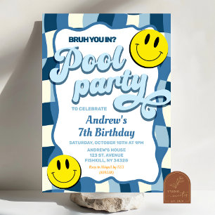 Retro chequered wave pool party birthday invitation
