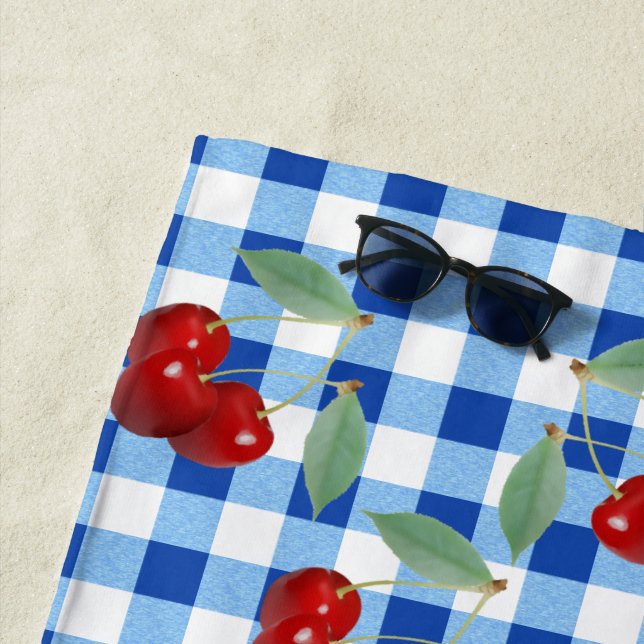 Retro Cherries And Blue Gingham Beach Towel (In Situ)