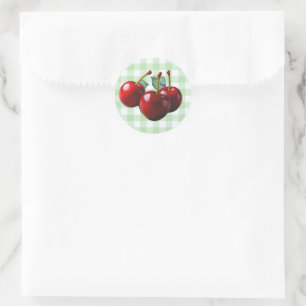 Retro Cherries fresh picked green gingham Classic Round Sticker