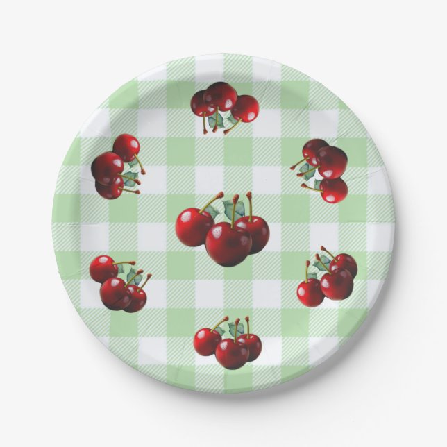 Retro Cherries fresh picked green gingham Paper Plate (Front)