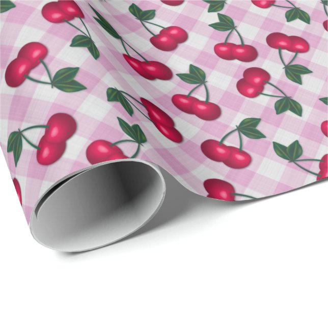 Retro Cherries on Pink Gingham Wrapping Paper (Roll Corner)