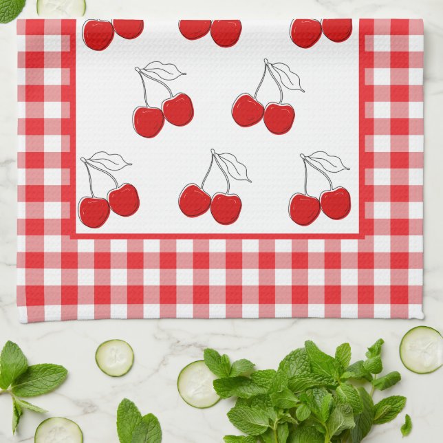 Retro Cherries Red Gingham Country  Farmhouse Tea Towel (Folded)