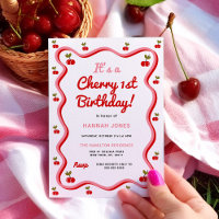 Retro Cherry 1st Birthday Invitation