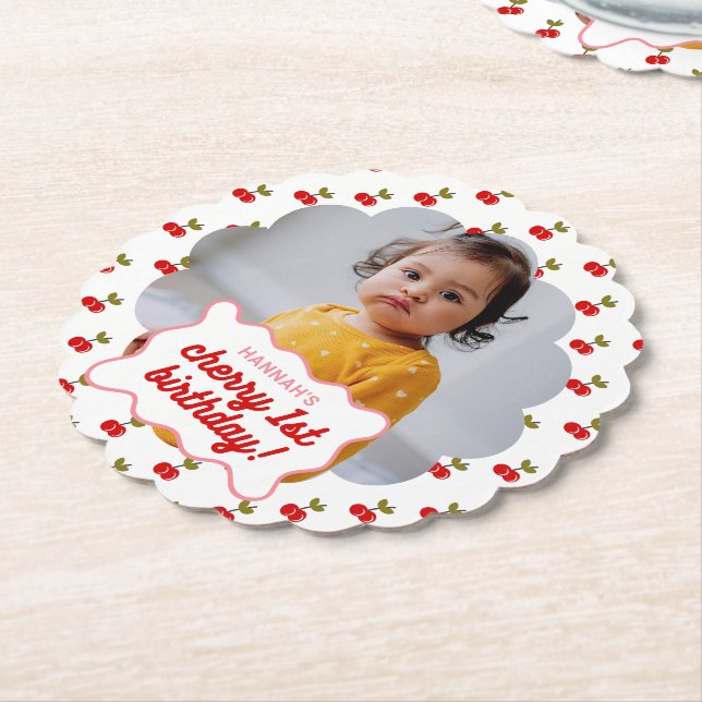 Retro Cherry 1st Birthday Photo Party  Paper Coaster (Angled)