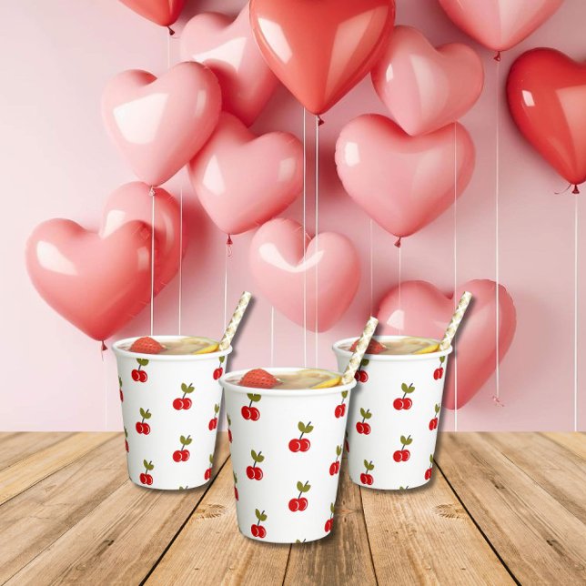 Retro Cherry Berry 1st Birthday Red and green Paper Cups (Creator Uploaded)