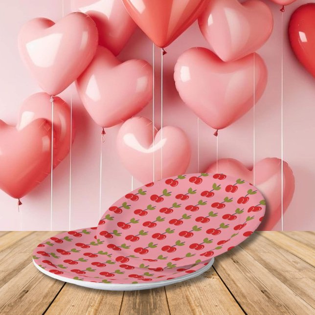 Retro Cherry Berry 1st Birthday Red and green Paper Plate (Creator Uploaded)