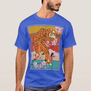 Retro Cherry Blossom Wild Cat Animal Sakura Asian  T-Shirt
