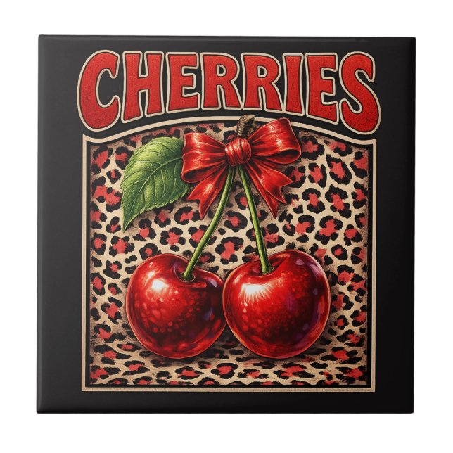 Retro Cherry Coquette Trendy Bow Design on Leopard Ceramic Tile (Front)