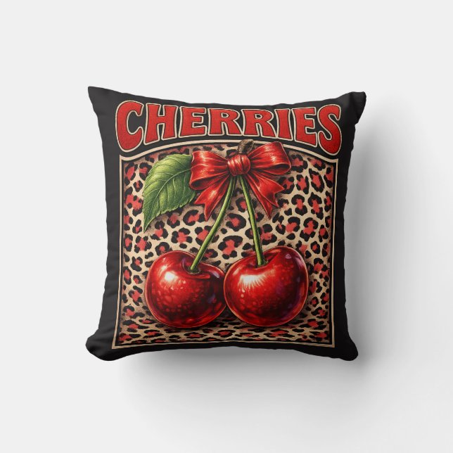 Retro Cherry Coquette Trendy Bow Design on Leopard Cushion (Front)