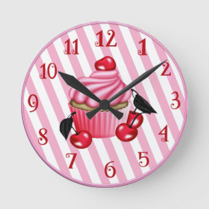 Retro Cherry Cupcake Wall Round Clock