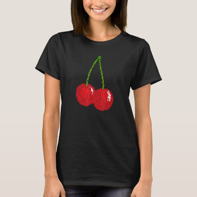 Retro Cherry Fruit Pixel 8 bit Video Game Red Cher T-Shirt (Front)