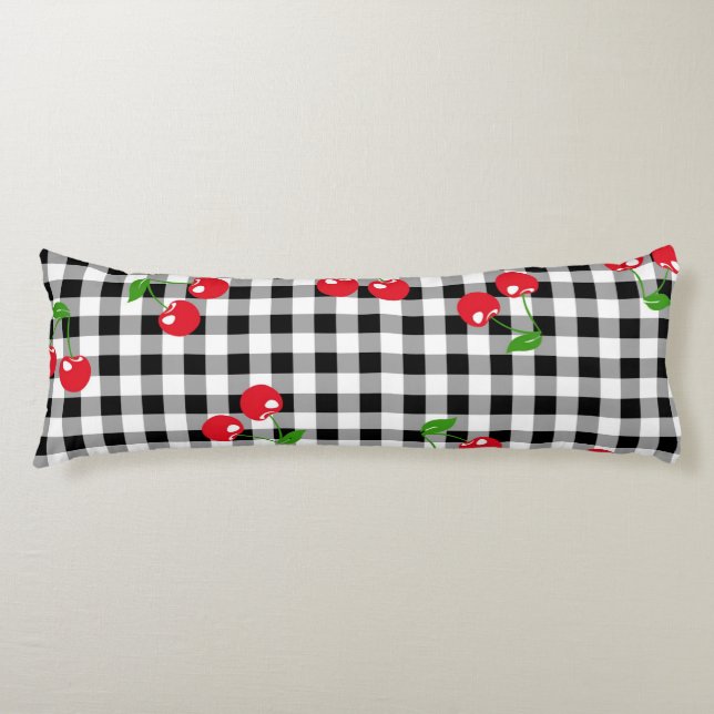 Retro Cherry Gingham Cute Red & Black Chequered  Body Cushion (Front)
