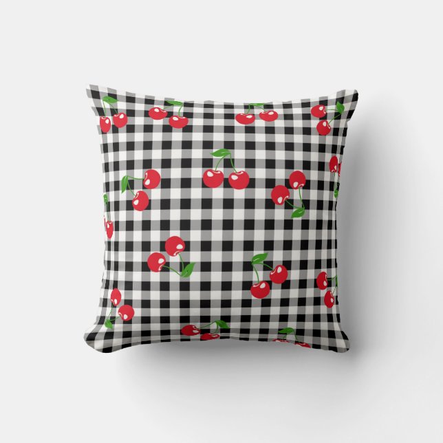 Retro Cherry Gingham Cute Red & Black Chequered  Cushion (Front)