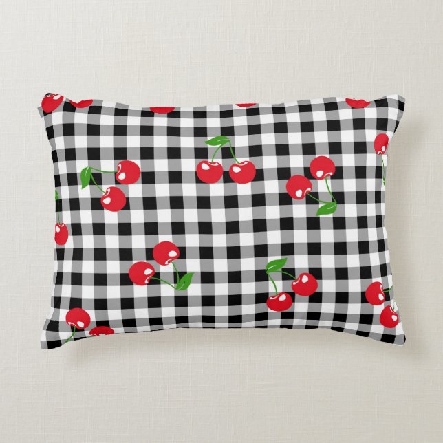 Retro Cherry Gingham Cute Red & Black Chequered  Decorative Cushion (Front)