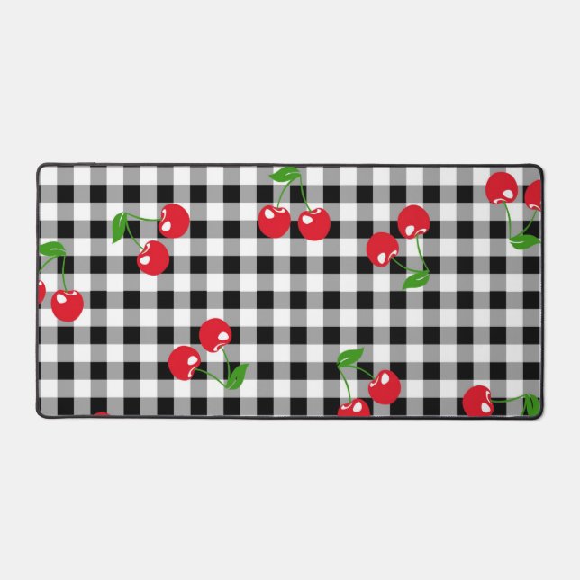 Retro Cherry Gingham Cute Red & Black Chequered  Desk Mat (Front)