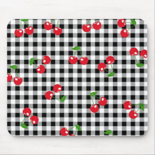 Retro Cherry Gingham Cute Red & Black Chequered  Mouse Pad