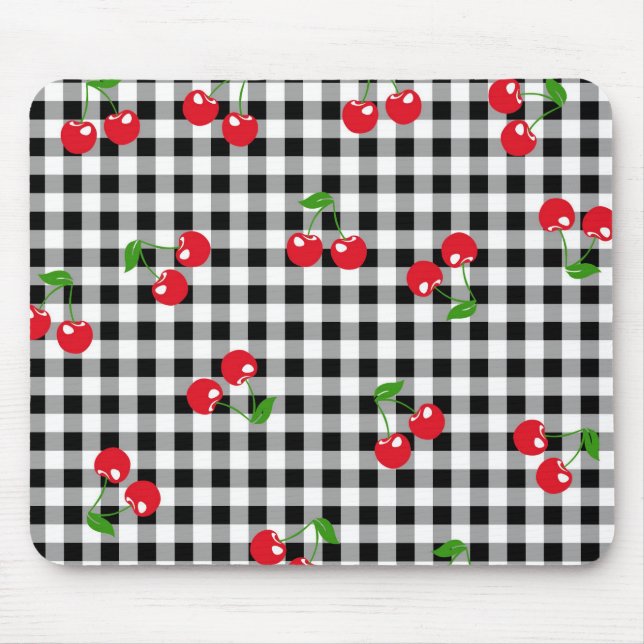 Retro Cherry Gingham Cute Red & Black Chequered  Mouse Pad (Front)