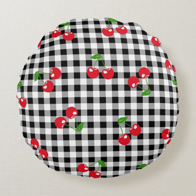 Retro Cherry Gingham Cute Red & Black Chequered  Round Cushion (Front)