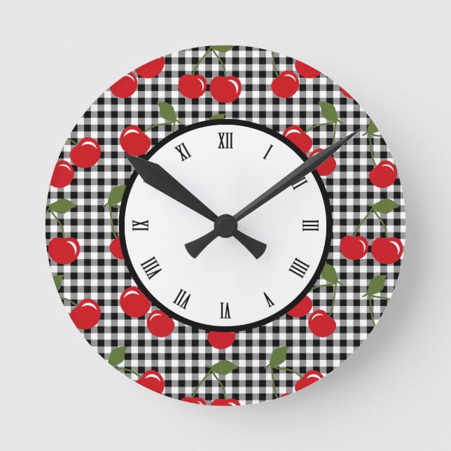 Retro Cherry Gingham Round Clock (Front)