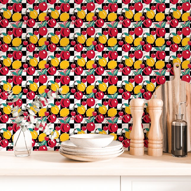 Retro Cherry Lemon Chequered Wallpaper (Creator Uploaded)