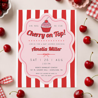 Retro Cherry on Top Baby Shower Striped Invitation