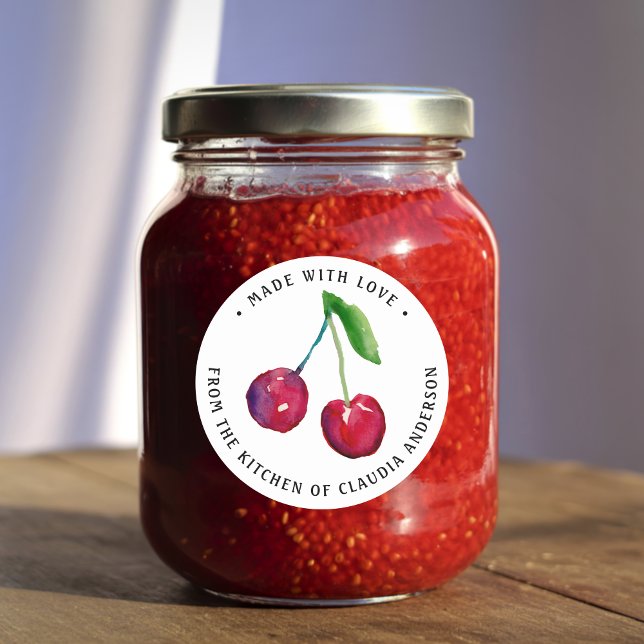 Retro Cherry Packaging Jar Decoration Kitchen Gift Classic Round Sticker (This cute cherry label features my own original watercolor artwork.)