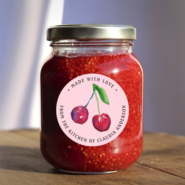 Retro Cherry Packaging Pink Christmas Kitchen Gift Classic Round Sticker (This cute retro pink cherry label features my own original watercolor artwork.)