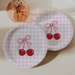 Retro Cherry Pink Gingham Birthday Paper Plate