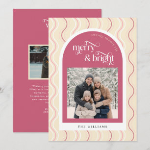 Retro Cherry Pink Red Wavy Stripes Photo Christmas Holiday Card