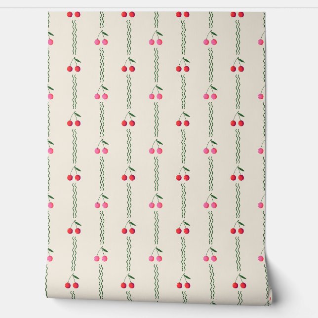 Retro Cherry Stripes on Cream - Kitchen Wallpaper (Unrolling)