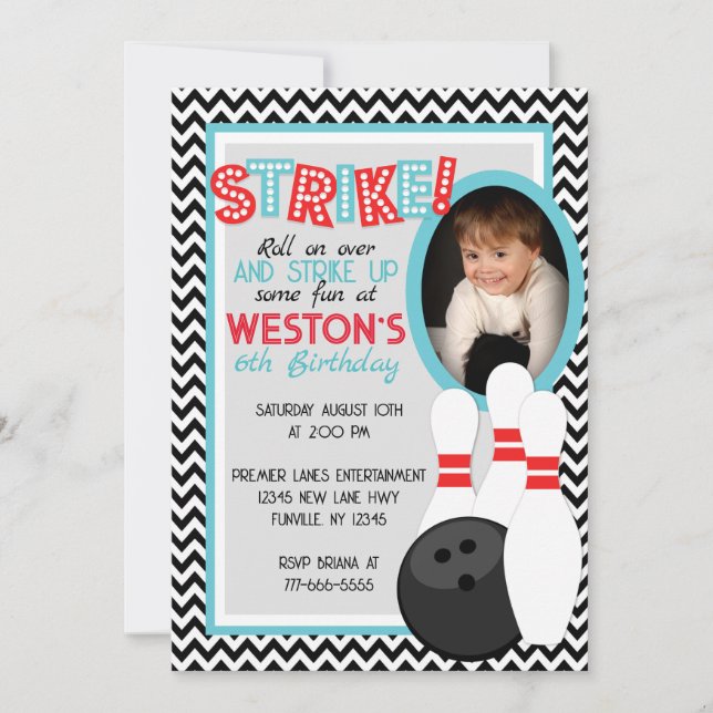 Retro Chevron Bowling Birthday Photo Invitations (Front)
