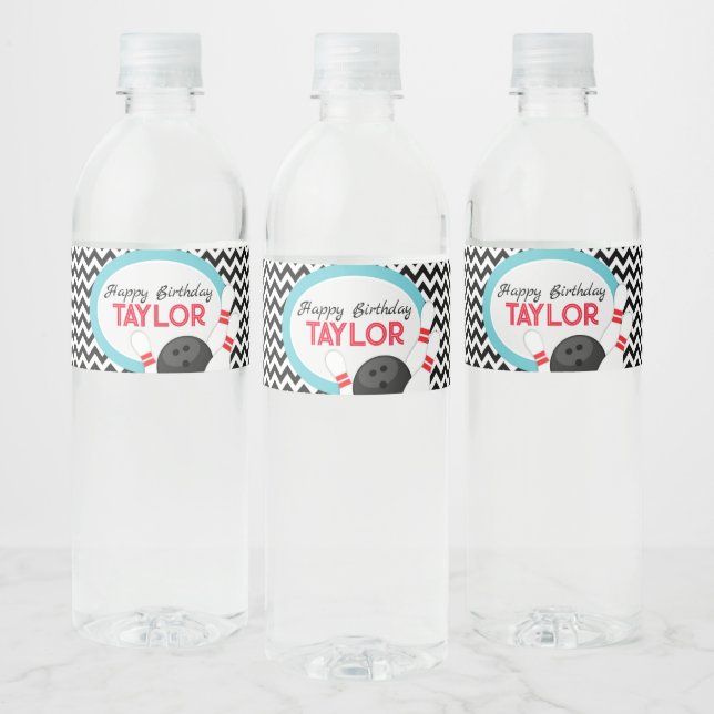 Retro Chevron Bowling Birthday Water Bottle Labels (Bottles)